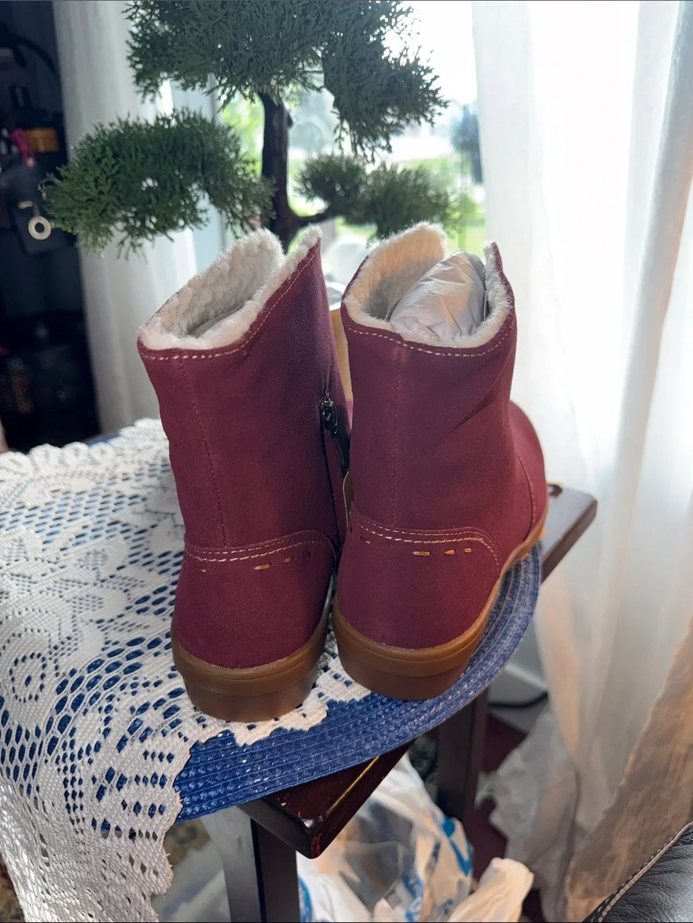 Fleece-Lined Burgundy Suede Winter Ankle Boots